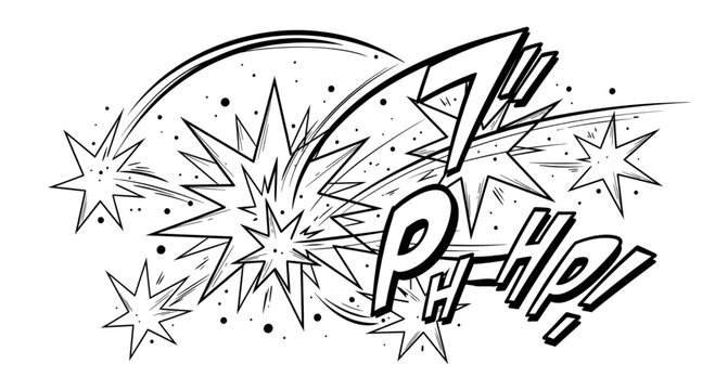 Dynamic comic book style explosion effect with starburst shapes and impact text on white background