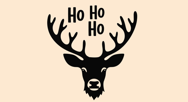 Black silhouette of a deer head with large antlers and the text ho ho ho written above it on a solid light beige background.