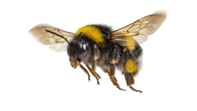 Isolated furry bumblebee in dynamic flight, collecting pollen, detailed macro shot, busy insect