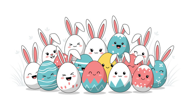 Large group of colorful Easter eggs with cute cartoon faces and white bunny ears standing together in a field of green grass.