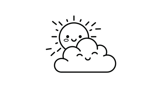 Adorable kawaii style characters featuring a smiling sun and a fluffy cloud sharing a happy moment in a sky drawing.