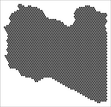 Libya hexagon map. Plain black and white dotted shape template. Country tiny hexagon cells. Libya flat honeycomb template. Vector Illustration.