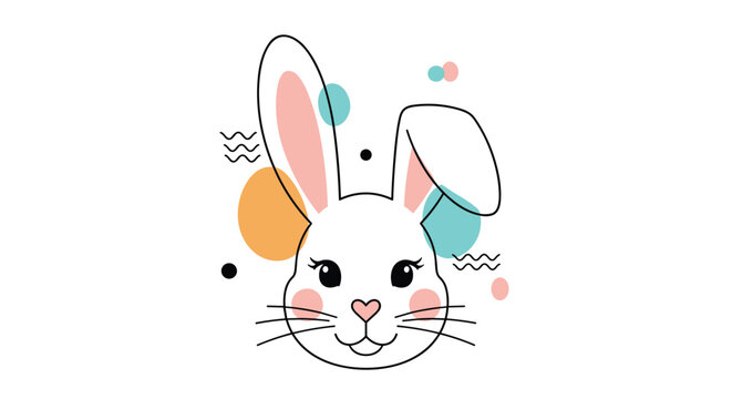 Charming cartoon rabbit face with long ears and pink cheeks surrounded by abstract colorful circles and wavy lines.