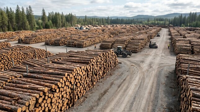 Vast lumberyard filled with stacked logs, showcasing the scale of forestry operations and wood industry