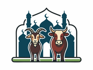 Naklejka premium Eid al-Adha celebration concept design with cow and goat vector illustration with mosque on white background