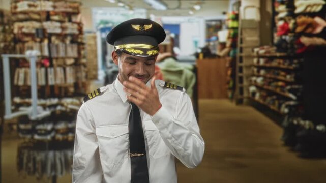 Man pilot in uniform covers mouth with hand in a store aisle inside a building; amusement reflection.
