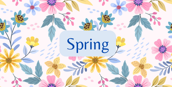 Illustration of multicolor flowers background banner with Spring text 
