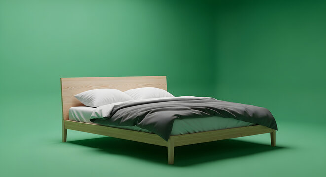 A modern bed sits on a green screen background with pillows and blankets.