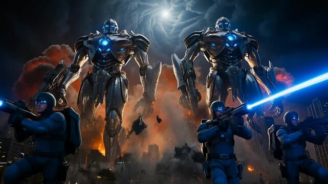 Futuristic conflict armored robots and elite soldiers clash in a devastated urban landscape