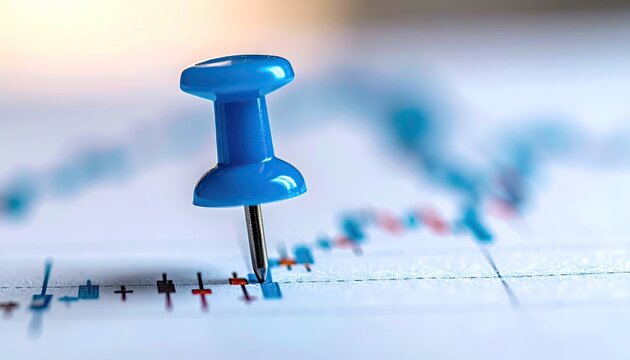Blue pushpin on financial chart marking a critical point on a rising graph with subtle light flare in background