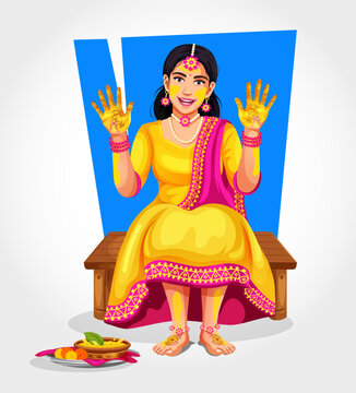 Vector illustration of an Indian bride with beautiful mehndi designs on her hands smeared with turmeric during her ritual pre-marriage Haldi ceremony, isolated on a white background