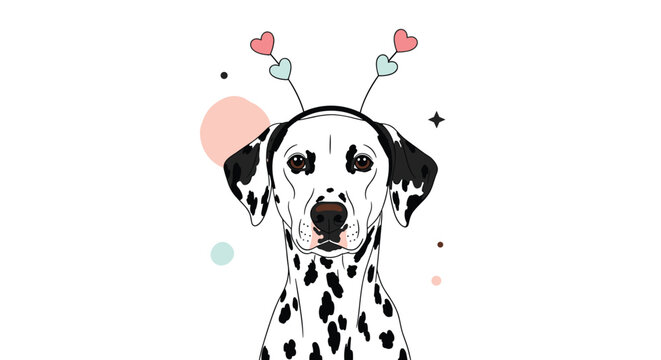 Elegant black and white spotted dalmatian dog wearing a headband with floating hearts and colorful circles for a playful and romantic graphic.