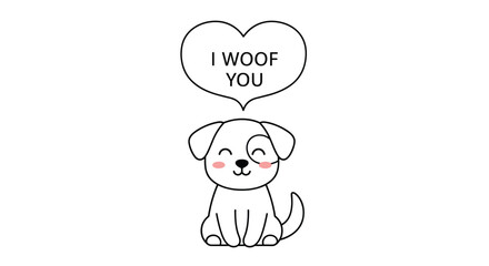Fototapeta premium Cute puppy character sitting with a large heart shaped speech bubble saying i woof you for pet lovers and valentine greetings.