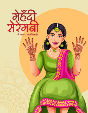 Indian Wedding bride in traditional attire during her Mehndi ceremony. Dressed in colorful, glamorous traditional outfits lehenga choli. Banner for Mehndi ceremony invitation