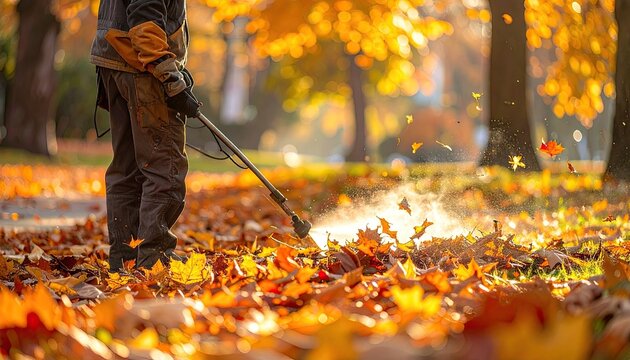 Autumn Leaf Cleanup Person with Blower in Golden Sunlight Park Amidst Falling Leaves