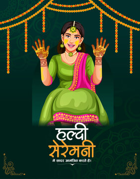 Indian Wedding bride in traditional attire during her Haldi ceremony. Dressed in colorful, glamorous traditional outfits lehenga choli. Poster for Haldi ceremony invitation