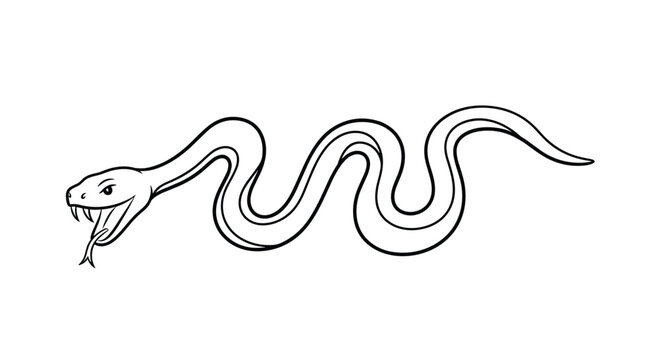Black and white outline of a rattlesnake with its mouth open showing fangs in a defensive slithering pose for coloring.