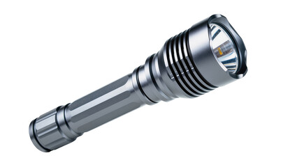 Isolated durable aluminum alloy LED flashlight with metallic silver finish for outdoor activities © Maria