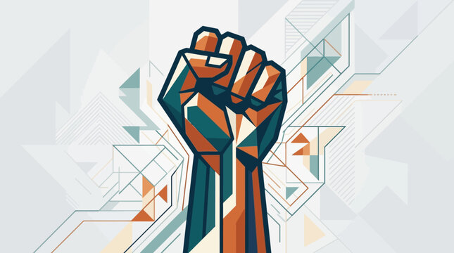 Unity and Strength: A powerful emblem of resilience and solidarity is showcased through a clenched fist, rendered in a bold, geometric style that represents strength and collective action. 