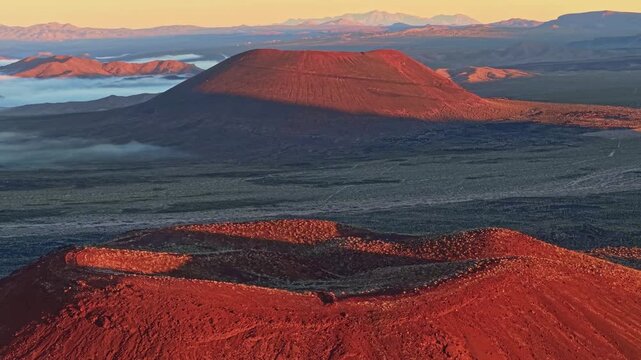 Scenic aerial perspective of volcanic cinder cones in Mojave Desert illuminated by golden sunrise light