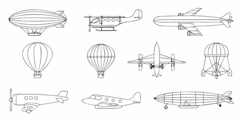 Collection of vintage airships airplanes and hot air balloons in outline © Sanjoy