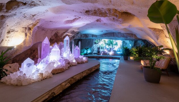 Clean cozy lo fi cave hideout glowing crystals