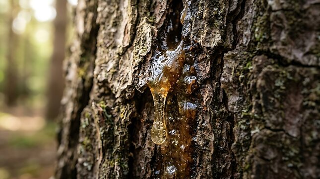 Close-up of golden amber tree resin oozing down rugged bark in a sunlit forest, showcasing the natural process of defense and healing