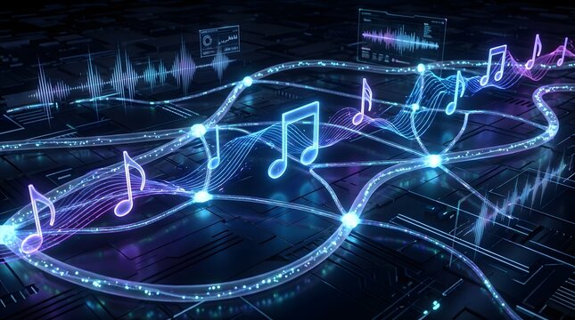A futuristic digital illustration of glowing musical notes and sound waves on a dark circuit board background