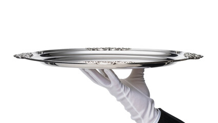 Isolated elegant waiter's hand in white glove holding ornate silver serving platter
