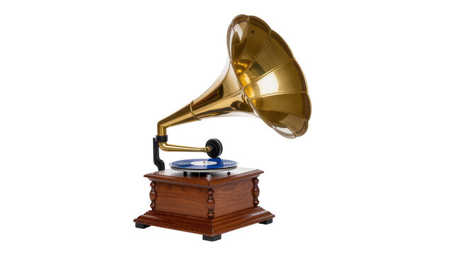Isolated antique gramophone with brass horn and blue record, vintage music player