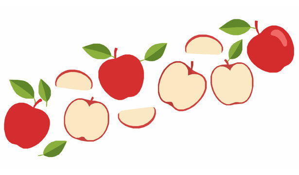 Red apple vector collection with green leaves whole fruit slices and wedges in modern flat style