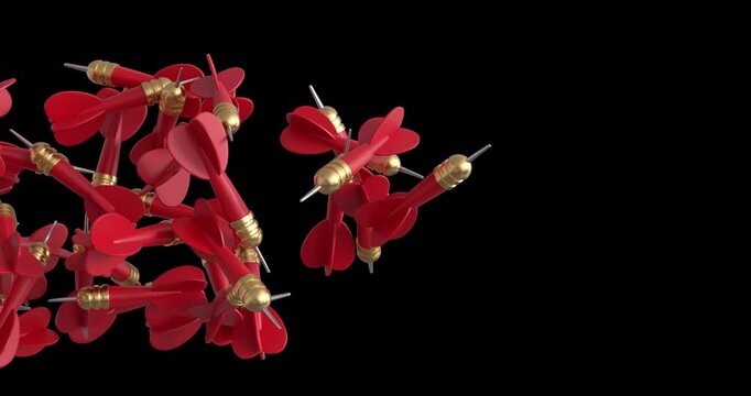 This high-quality 4K motion graphics element features a dynamic animation where a swarm of red and gold darts scatters onto the screen from the left and continues flying across to exit on the left. Th