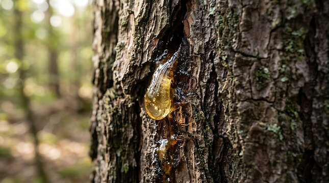 Close-up view of golden, sticky natural tree resin oozing from the rough bark of a pine tree in a serene forest environment, showcasing the tree's natural healing process and organic beauty
