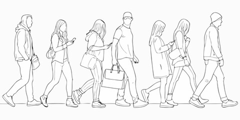 Obraz premium Line art illustration depicting a group of people walking in a city
