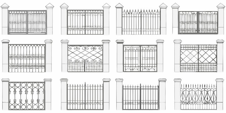 Collection of ornate wrought iron gate designs in a linear arrangement