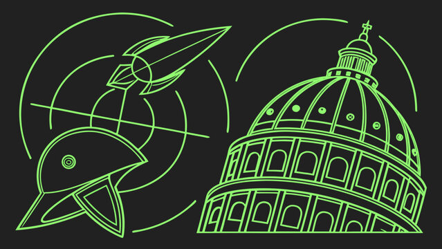 Neon green line art illustration of rocket launching near capitol building representing space innovation technology and government concept on dark background