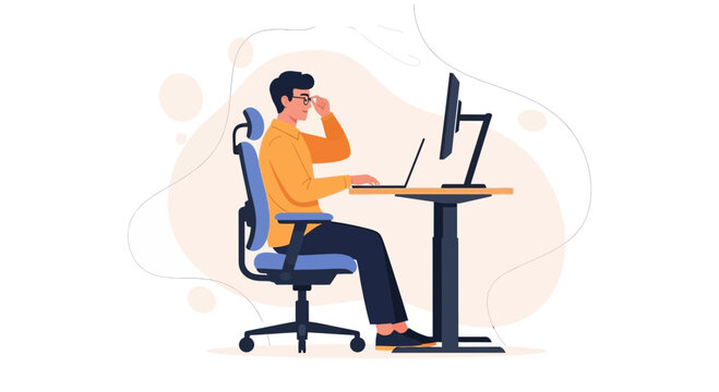 Man Working on Laptop and Computer at Standing Desk