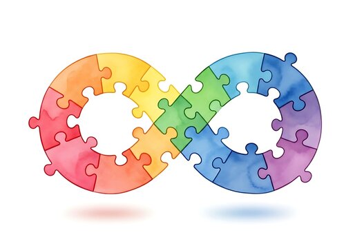 Rainbow puzzle pieces, infinity symbol, jigsaw puzzle, colorful teamwork concept, unity and diversity