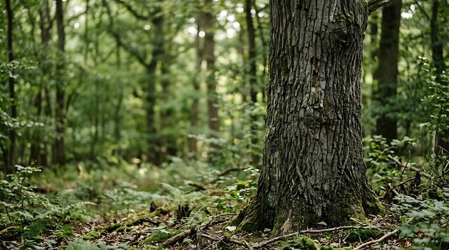 Textured bark of a majestic tree trunk rooted firmly in the lush, green undergrowth of a tranquil woodland, bathed in the soft, natural light of a serene forest environment