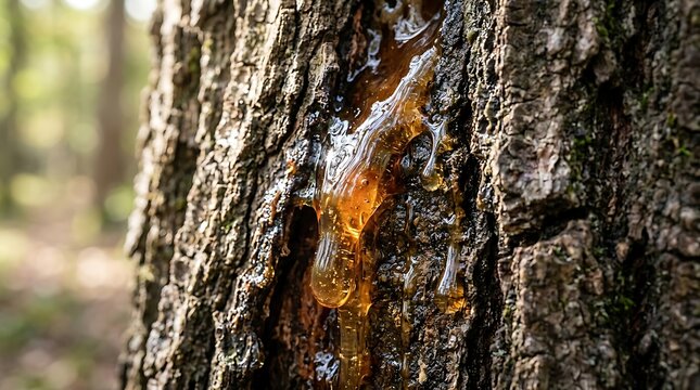 Close-up of golden amber resin oozing from a tree trunk in a natural forest environment, highlighting the texture of the bark and the sticky sap flow