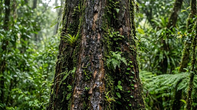 Ancient and moss-covered tree trunk stands tall amidst a lush, verdant rainforest, showcasing nature's resilience and beauty