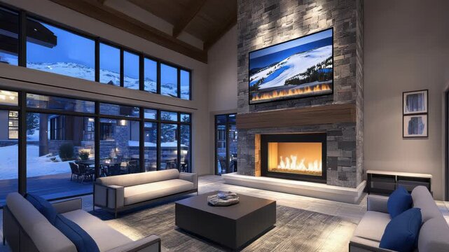 A luxurious interior featuring a stone fireplace, large windows, and modern furniture