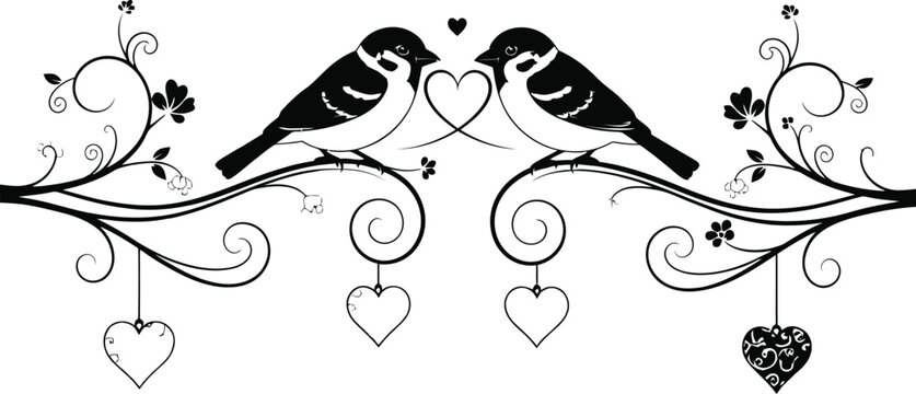 Decorative illustration of two sparrows on a branch with hearts