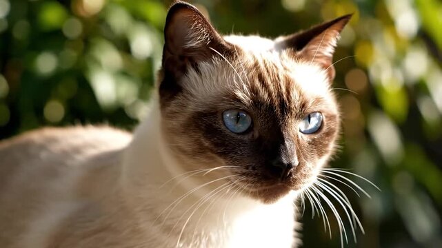 Close up of a siamese cat with stunning blue eyes in natural sunlight