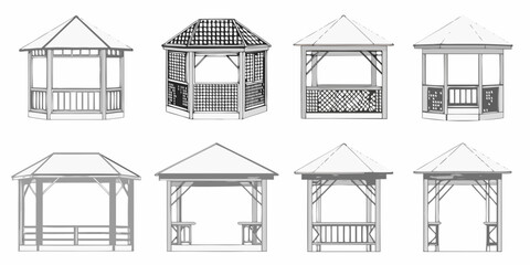 Architectural sketches of various gazebo and pavilion designs in grayscale © Sanjoy