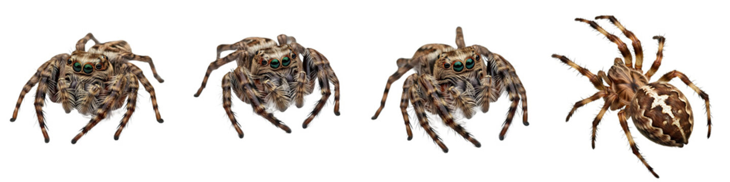 Set of Brown Jumping Spiders and Garden Spider Isolated on White Background; Macro View of Various Arachnids and Insects for Nature, Biology, and Educational Design Projects