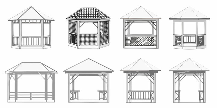 Architectural sketches of various gazebo and pavilion designs in grayscale