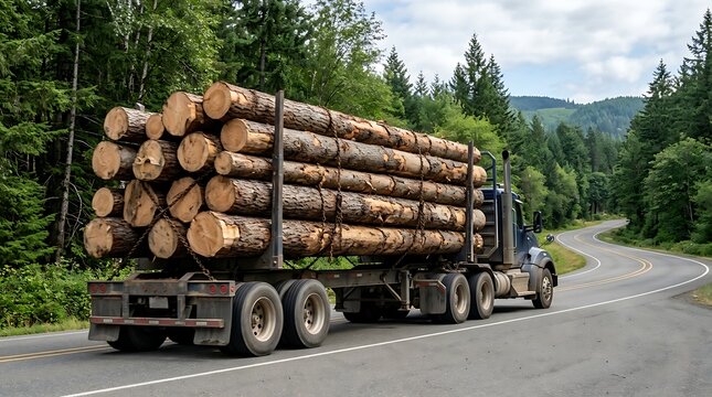 Commercial semi-truck transporting a substantial load of harvested logs through a picturesque, curving road surrounded by dense forest trees, highlighting raw material logistics