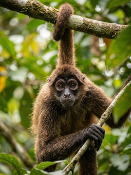 Spider monkey hanging from a tree branch in the jungle