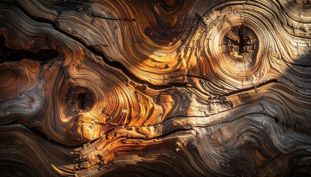 Close up of aged weathered wood grain with deep cracks and knots illuminated by warm golden hour sunlight creating dramatic shadows and highlighting textured patterns